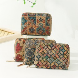 ISKYBOB Vintage Printed Cork Short Wallet for Men Women Wood Grain Multi-functional Card Holder Portable Zipper Coin Purses
