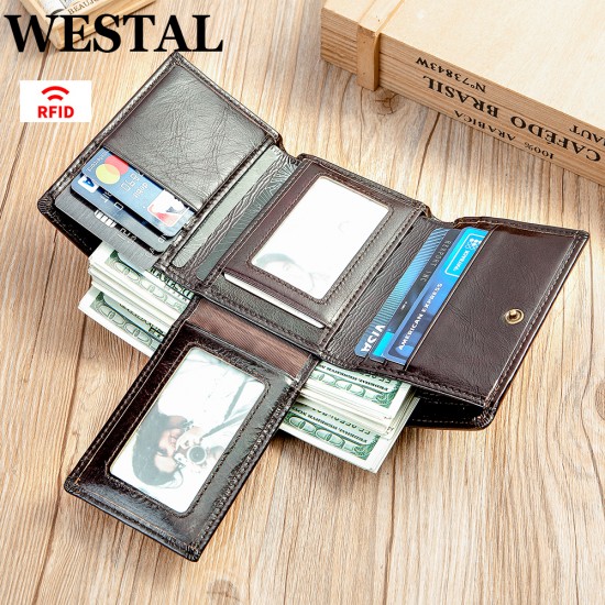 WESTAL RFID Wallet for Men Genuine Leather Coin Purse Men Thirdfold Wallets Clucth with Mulitfile Card Slots Money Bags 1134 WESTAL RFID Wallet for Men Genuine Leather Coin Purse Men Thirdfold Wallets Clucth with Mulitfile Card Slots Money Bags 1134