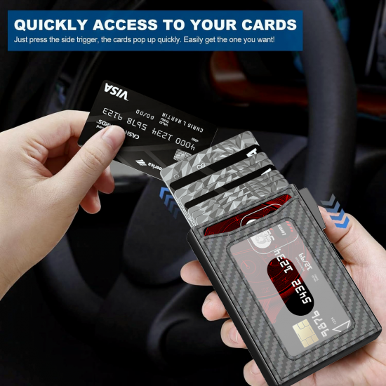 Slim Carbon Fiber Leather Wallet Credit Card Case with Double RFID Blocking Automatic Leather Pop Up Wallet for Cards and Notes Slim Carbon Fiber Leather Wallet Credit Card Case with Double RFID Blocking Automatic Leather Pop Up Wallet for Cards and Notes