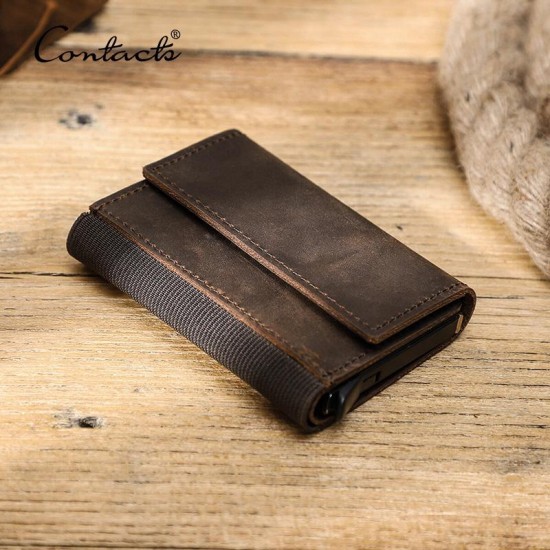 CONTACT'S Crazy Horse Leather Card Holder Wallet Men Automatic Pop Up ID Card Case Small Coin Purse RFID Blocking Male Wallets CONTACT'S Crazy Horse Leather Card Holder Wallet Men Automatic Pop Up ID Card Case Small Coin Purse RFID Blocking Male Wallets