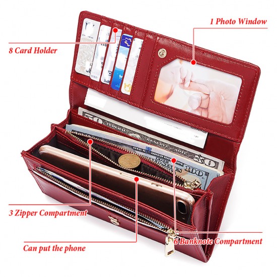 Fashionable Women's Long Wallet Genuine Leather Clutch Purses with Phone Pocket Mutifuctiona Ladies RFID Card Holder Handbags Fashionable Women's Long Wallet Genuine Leather Clutch Purses with Phone Pocket Mutifuctiona Ladies RFID Card Holder Handbags