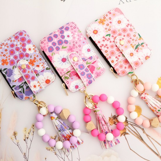 Document bag Silicone bracelet floral fold edge card bag printed leather wallet Key chain wristband wallet, key chain wallet A-D Document bag Silicone bracelet floral fold edge card bag printed leather wallet Key chain wristband wallet, key chain wallet A-D